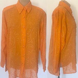 Vintage 90s Embroidered Shirt *Medium* ANTHONY MARK HANKINS Sheer Orange Blouse